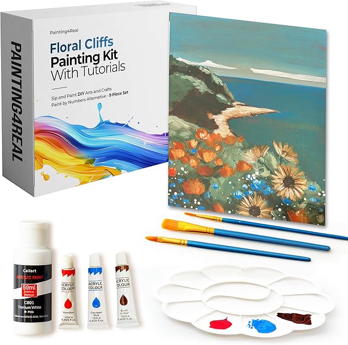 Painting4Real DIY Art Painting Kit for Adults – Learn to Paint Floral Cliffs with Video Tutorials – 9 Pieces Acrylic Paint Set for Adults –Perfect Christmas Crafts & Holiday Gifts for Art Lovers