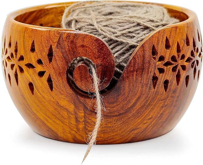 Nagina International Rosewood Crafted Wooden Yarn Storage Bowl With Carved Holes & Drills | Knitting Crochet Accessories (XL)
