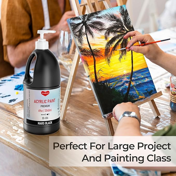 Black Acrylic Paint Large Bottle (69oz /2040ml) Rich Pigment Black Paint for Multi Surface Canvas Wood Ceramic Leather Fabric Rock Craft, Non Toxic for Kid & Adult, with Pump & Sealing Cap