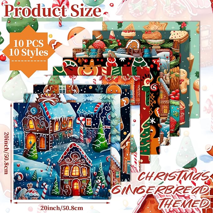 Hahafelt 10 Pcs Christmas Gingerbread Man Fabric Bundles 20 x 20 Inch Square Gingerbread Quilting Fat Fabric by The Yard Precuts Printed Patchwork Supplies for Xmas Winter Craft Sewing DIY Decor