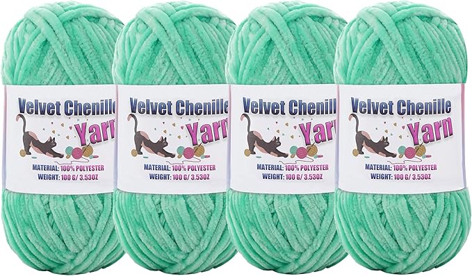 4 * 100g Fluffy Velvet Chenille Yarn for Crocheting and Knitting, Handcrafts Weaving Soft Chenille Yarn for Crocheting Clearance, Used for Making Baby Yarn Blanket, Clothes, DIY Craft (Cyan Green)