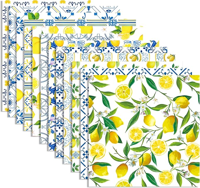24 Sheets Lemon Scrapbook Paper Pad Double-Sided Blue Tiles Yellow Lemon Patterned Decorative Craft Paper for Card Making Photo Album Journal DIY Craft, 11.8'' x 11.8''