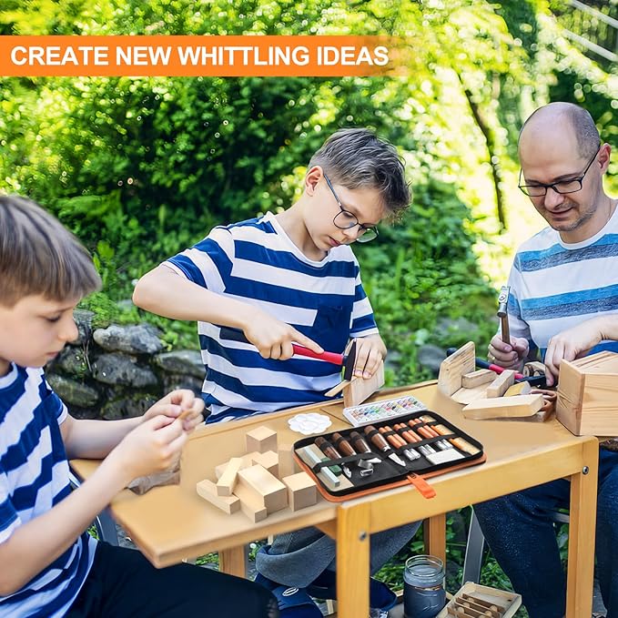 Olerqzer Deluxe Wood Carving Kit Whittling Kit, 54 PCS Wood Carving Tools Set with Carving Hook Knife,Whittling Knife,Painting Set and Basswood Blocks,Wood Carving Knives for Beginners Adults Kids