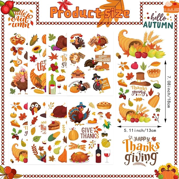 32 Sheets Thanksgiving Stickers, Fall Autumn Sticker Turkey Fall Harvest Food Pumpkin Maple Leaves Stickers, Thanksgiving Party Favors Supplies