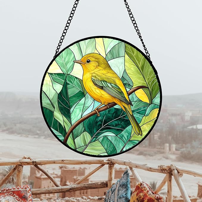 Stained Glass Window Hanging 4 Pcs Set Green Plants Animals Theme 7.8" - Bird Tiger Suncatcher Door Garden Sun Catcher Decor Birthday for Mom Woman Nana Men Friend