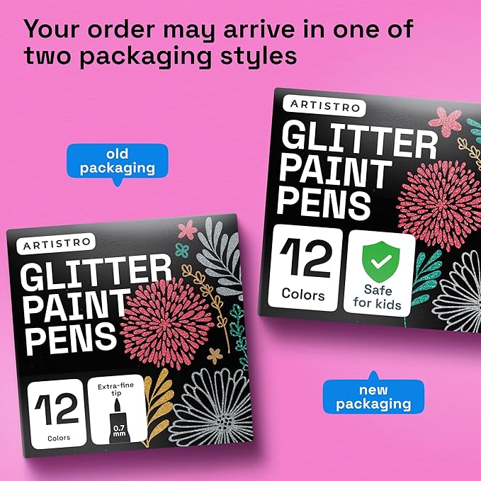 ARTISTRO 12 Glitter Paint Pens for Glass Marking, Rock Painting, Ceramic, Wood, Fabric, Scrapbooking, DIY Craft Making, Coloring - Acrylic Paint Markers Extra-Fine Tip 0.7mm