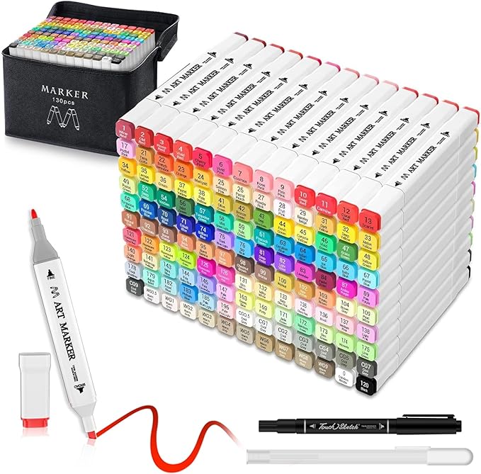 AdamStar 130 Colors Alcohol Markers, Dual Tip Art Marker Set for Artist Adults Coloring Markers Perfect for Kids Books Sketching Card Making