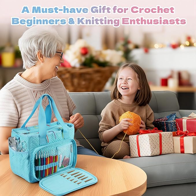 Dadanism Crochet Bag, Knitting Tote Bag, Yarn Storage Holder with Handle & Shoulder Strap, Yarn Storage Organizer for Crocheting Knitter, Crochet Hooks, Knitting Needles Kit, Sewing Supplies, Blue