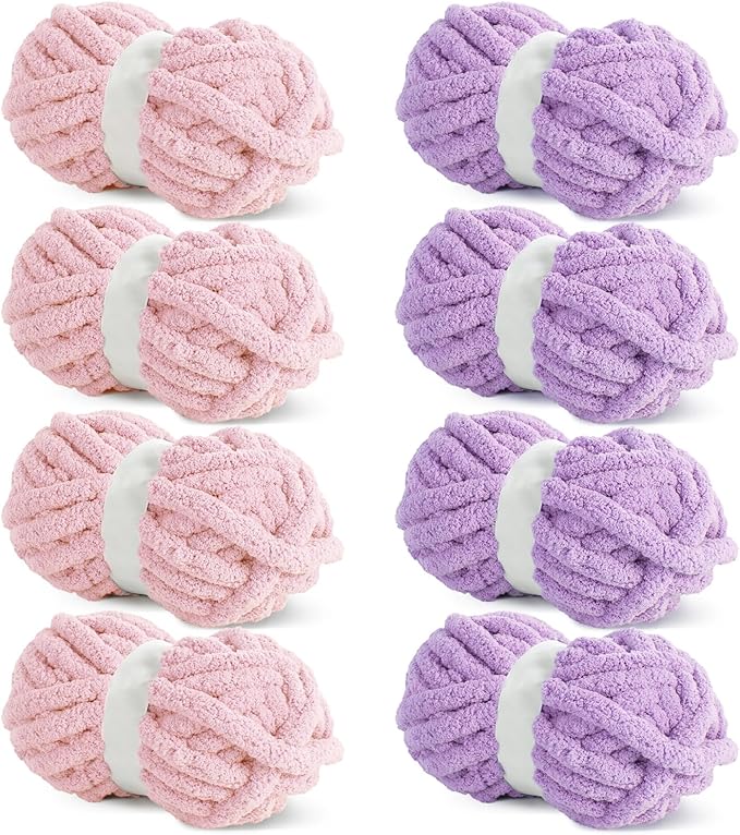 HOMBYS 8 Pack Assorted Chunky Yarn for Crocheting,Super Bulky Large Soft Fluffy Yarn,Plush Fuzzy Yarn,Thick Chenille Yarn for Hand Knitting/Arm Knitting,4 Pink & 4 Purple(27yds,8 oz Each Skein)