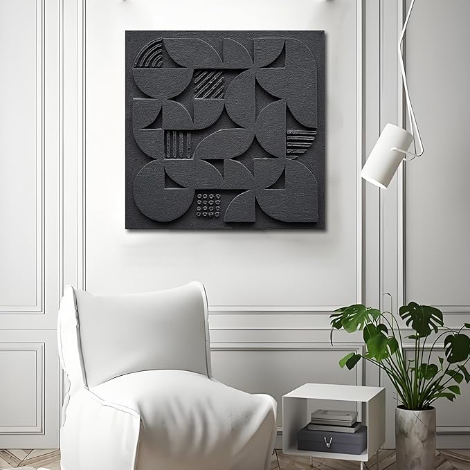 NANKAI Art Hand-Painted Black Three-Dimensional Texture Abstract Art Contemporary Minimalist Style Canvas Oil Painting. Wall Decoration for Home Office Corridor Size 24x24 inches