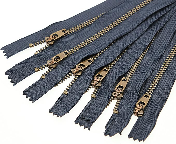 Metal Zipper for Jeans 4" Antique Brass Y-Teeth Zipper #4 Close End Jeans Zippers 4" 6pcs,(Navy-Brass)