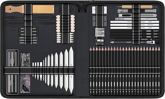 HIFORNY 100 PCS Drawing Set Sketching Kit,Sketch Pencils Art Supplies with Graphite,Charcoal,Blending Tools & Accessories,Portable Zippered Travel Case for Artists & Beginners