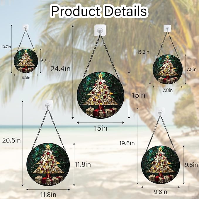 Stained Glass Window Hanging - Golden Christmas Tree Suncatcher for Doors Home Christmas Decoration Winter Sun Catcher Thanksgiving New Year Birthday Gifts for Women Men Mom Nana Girl 6.3 in