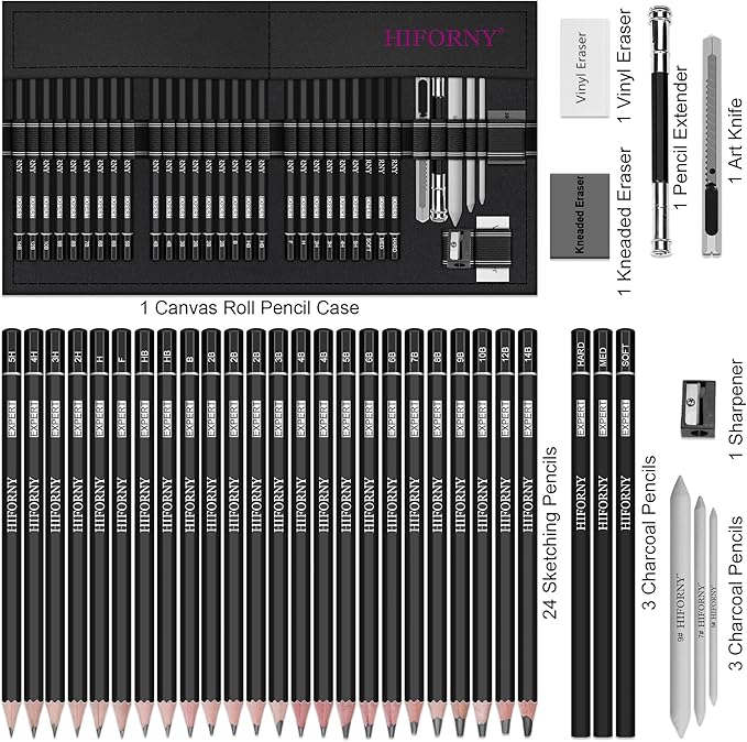 HIFORNY 36 PCS Sketching Drawing Pencil Set,Sketch Pencils Art Supplies with Graphite,Charcoal,Blending Tools,Accessories,Drawing Kit for Adults Artists in Canvas Roll Up Case