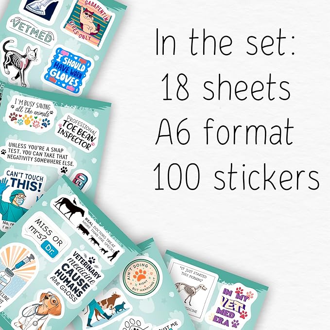 100Pcs Veterinary Stickers for Water Bottle - Funny Vet Stickers and Decals - Funny Veterinary Gifts, Party Supplies & Decorations - Vet Tech Gifts for Women & Men