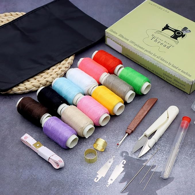 46 Pcs Big Eye Steel Sewing Needle Kit, Portable Stainless Steel Sewing Needle Kit, 25 Steel Needles for Hand Sewing, 12 Colors Threads, Scissor, Storage Bag, DIY Craft Repair Tools for Daily Use﻿