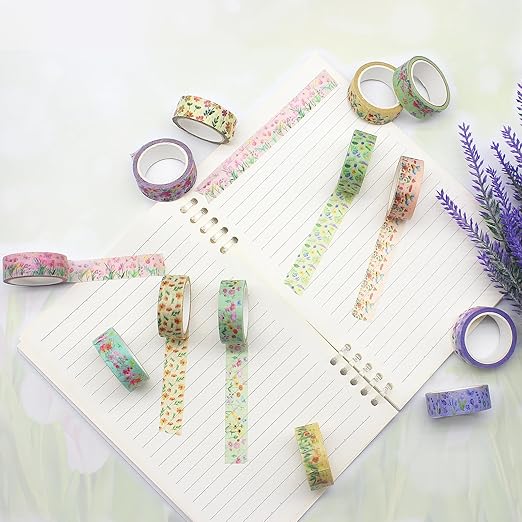 Benvo 12 Rolls Floral Washi Tape 15 mm Wide Flower Masking Tape Decorative Paper Tape for Journals, Scrapbooks,Vision Boards, Planners, Envelope DIY(5m Long Each Roll, 12 Flowers Pattern A)