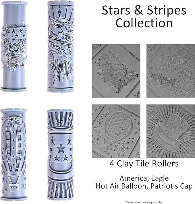 Stars & Stripes Collection Clay Texture Rollers 4-Pack (4") - America Set #01 - Embossing Pattern Rollers for Polymer & Ceramic Clay, Pottery & Crafts