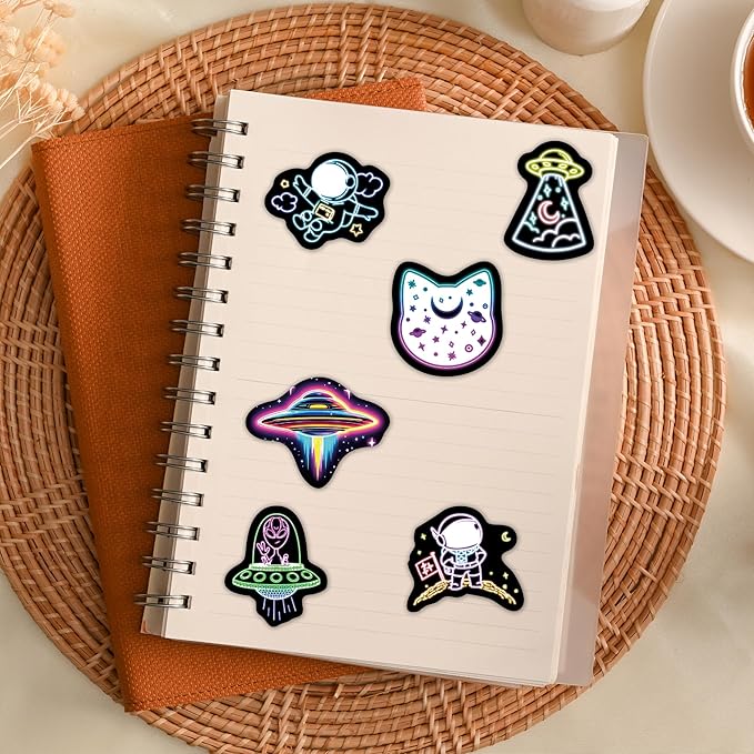 75 Pcs Neon Space Planets Stickers for Kids, Vinyl Astronaut Sticker for Water Bottle, Waterproof Laptop Decals for Teens Girls Boys Adults