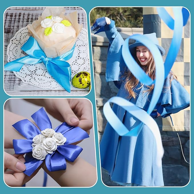 LIUYAXI Blue Satin Ribbon 1 1/2 Inch X 6 Rolls Total 60 Yards Double Faced Blue Ribbon Set for Gift Wrapping Craft Wedding Decoration
