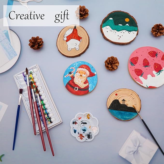 Unfinished Natural Wooden Slices 3.2-4 Inch Wood Circles for Crafts DIY Christmas Ornament Craft Wood Kit with Bit,Blank Round Wood Slice with Bark for Art,Painting,Party (Wood Slices 70 pcs)