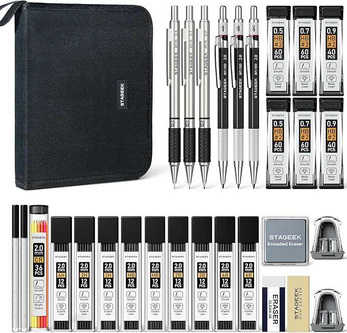 Mechanical Pencil Set with Canvas Bag 30 Count, Drawing Pencils 0.5, 0.7, 0.9MM & 3PCS 2MM Sketching Pencils with 464PCS Lead Refills (6B 4B 2B HB 2H 4H Color) for Artist Drafting Drawing