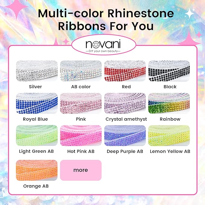 Novani Self Adhesive Rhinestone Ribbon, 0.39 Inch Wide 3 Yards 1 Roll, Hot Pink AB Crystal Diamond Bling Strips for DIY Crafts, Glitter Resin Rhinestones for Crafting, Car Decoration