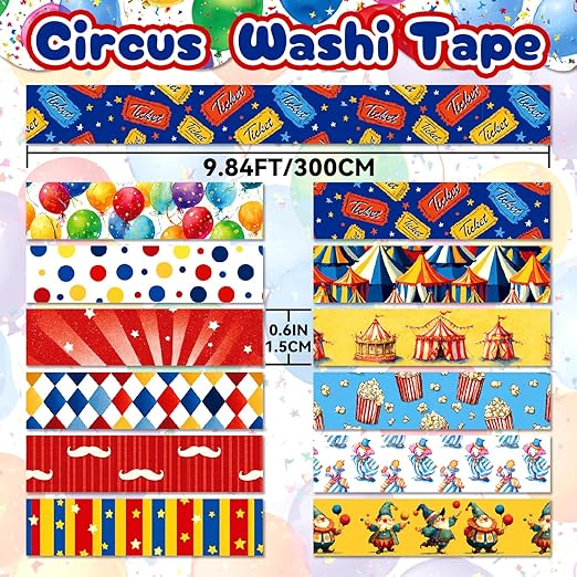 12 Rolls Circus Washi Tape Set, Vintage Carnival Cartoon Decorative Tape Tent Clown Tickets Masking Tape for Journaling Supplies, Junk Journal, Scrapbooking, DIY Arts & Crafts, Gift Wrapping