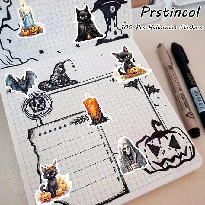 100 Pcs Black Cat and Witch Stickers, Horrible Pumpkin Stickers for Scrapbook, Junk Journal, Collages, Halloween Party Favors, Waterproof Vinyl Sticker for Laptop, Window, Water Bottles