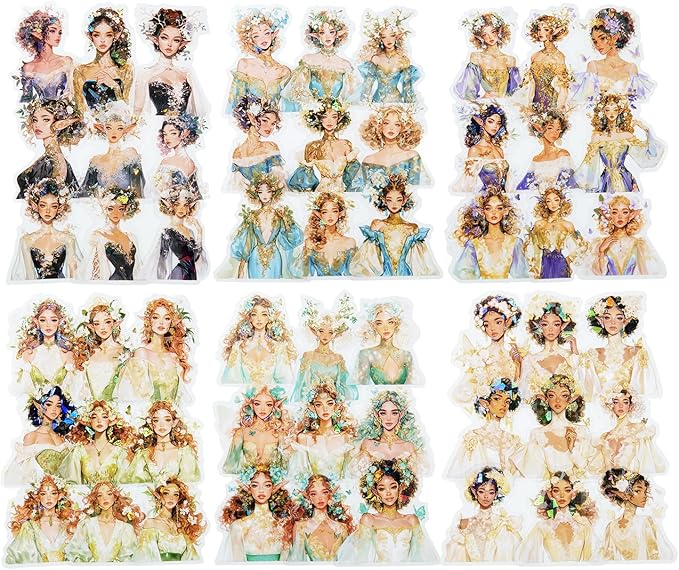 Spring Flower Girls PET Stickers Set, 60Pcs Fairy Character Stickers with Holographic Effect for Journaling, Scrapbooking, and DIY Crafts