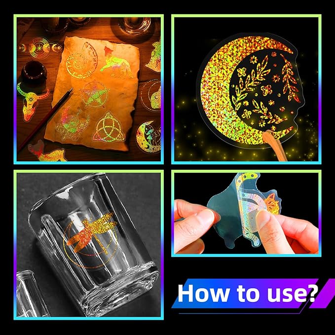 Yoksas 100Pcs Golden Holographic Glitter Magical Astrology Witch Stickers - Transparent Shiny Witchy Stickers for Scrapbooking,Water Bottles,Laptops,Journals