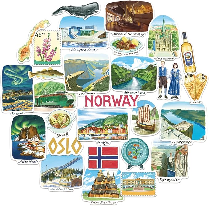 Navy Peony Nordic Norway Travel Stickers (28pcs) - Watercolor, Scandinavia, Norwegian-Themed Vacation Decals for Journals, Scrapbooks, Waterbottles