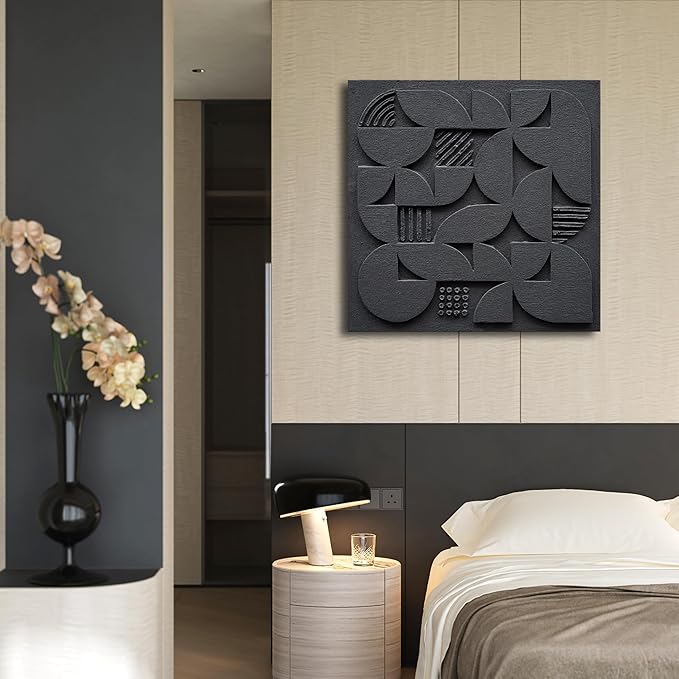 NANKAI Art Hand-Painted Black Three-Dimensional Texture Abstract Art Contemporary Minimalist Style Canvas Oil Painting. Wall Decoration for Home Office Corridor Size 24x24 inches