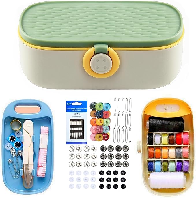 WANSHUNLMI Green Sewing Kit, 140Pcs Family Travel Sewing Project Kit Portable Small Traveler Sewing Supplies Repair Kit Thread Accessories DIY Sewing Supplies Organizer Box (Green Sewing Kit)