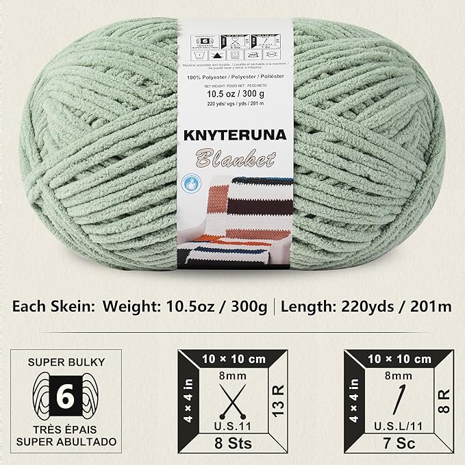 #6 Super Bulky Blanket Yarn for Crocheting - 4 Skeins(Each 10.5oz/300g, 220yds/201m), Chunky Chenille Thick Plush Big Soft Yarn for Crocheting Knitting Blankets, Sage Green