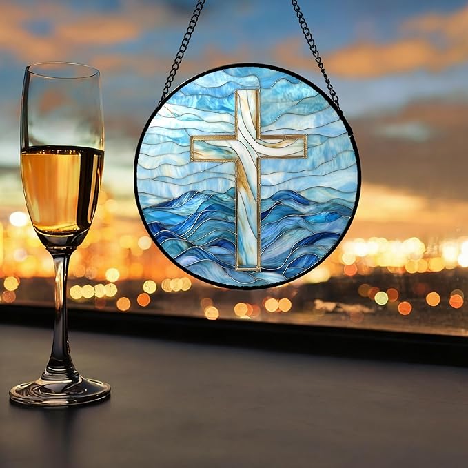Christian Gifts for Women - Blue Cross Stained Glass Window Hanging Jesus Easter Ocean Waves Sun Catcher Garden Religion Decor Mother's Day Catholic Gift for Men Grandma Mom Her Nana 15"