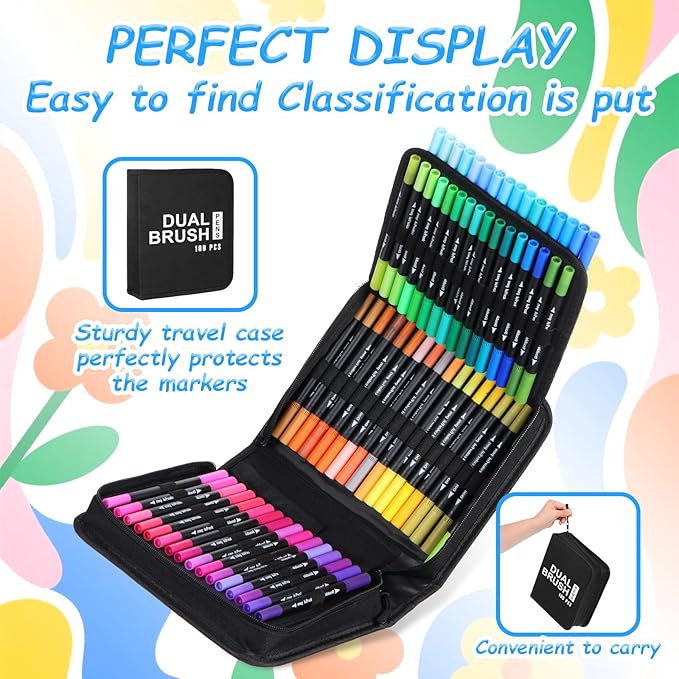 100 Colors Dual Brush Marker Pens, Artist Marker Set with Fine Brush Tip Pen Art Markers for Adults Kids Coloring Books Bullet Journaling Drawing Painting Card Making