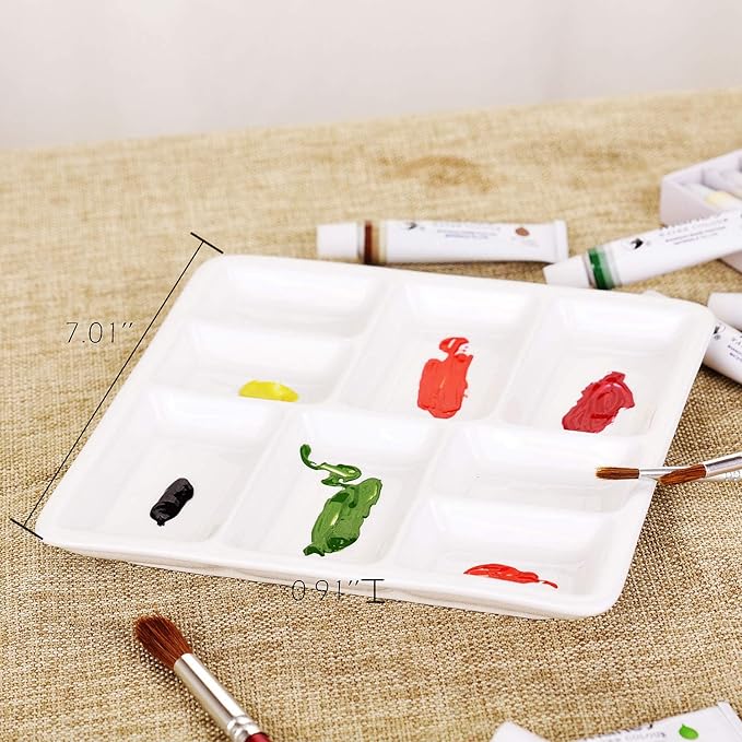VanEnjoy White Square Ceramic Artist Paint Palette,Porcelain Watercolor Palette,Ceramic Mixing Tray for Watercolor Gouache Painting