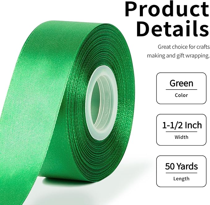 1-1/2 Inch Wide Emerald Green Satin Ribbon, 50 Yards Solid Polyester Fabric Ribbon for Roses Making, Gift Wrapping, Holiday Party Decor, Wedding Decorations, Crafts, Bows