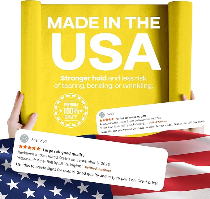 48" x 1200" (100 feet) Yellow Kraft Paper Roll - USA-Made Quality Craft Paper for Gift Wrapping, Kids' Arts & Crafts, School Projects - 100% Recycled Natural Material 50lb Thickness by IDL Packaging