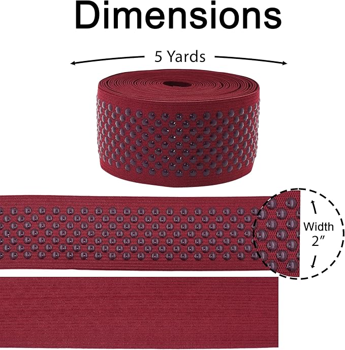 Mandala Crafts 2 Inch Elastic Silicone Gripper Tape for Clothing - 5 Yds Dotted Non Slip Elastic Band for Sewing - Burgundy Silicone Flat Fabric Stretchy Ribbon Straps