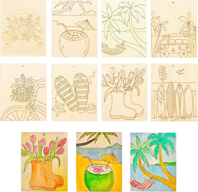 Piatoeke 16PCS 5.9×4.7in Unfinished Wooden Summer Cutouts Board for Kids Painting,Wood Crafts DIY Fun Things to Paint and Hang(Summer)