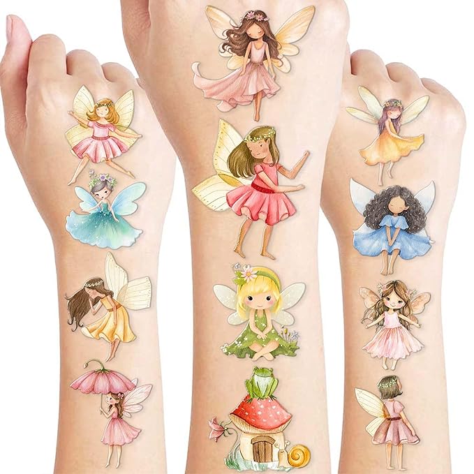 96PCS Fairy Temporary Tattoos Pre-Cut for Kids, Woodland Fairy Theme Birthday Party Favors Supplies, Cute Magical Stickers for Girls, Party Decorations, Classroom Gifts, Prizes and Rewards (Normal)