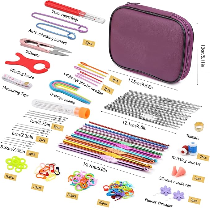 IMZAY 110 Pcs Crochet Hooks Set, Crochet Hooks with Storage Case, Ergonomic Knitting Needles Blunt Needles Stitch Marker DIY Hand Knitting Craft Art Tools for Beginners - Purple