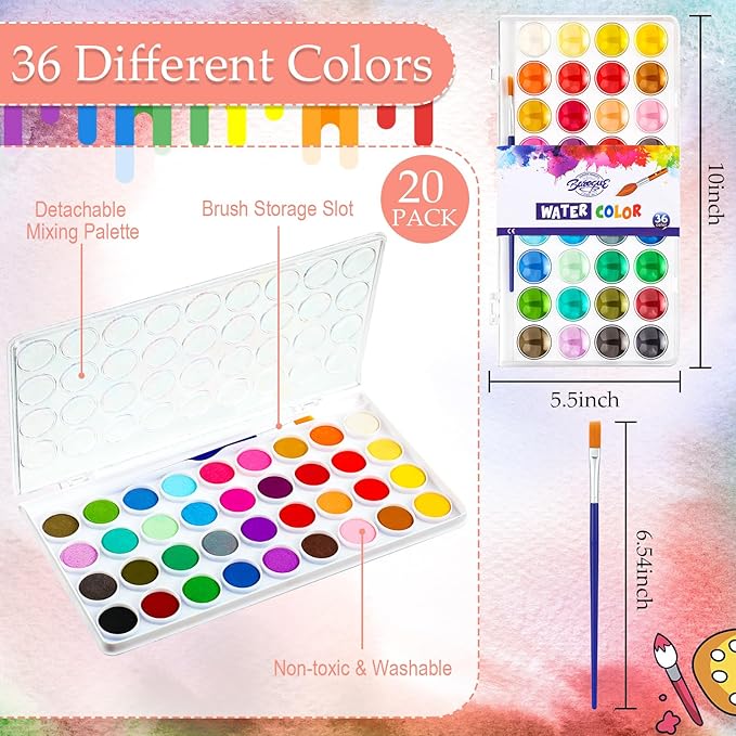 Nuanchu Christmas Gifts Bulk Watercolor Paint Washable Watercolor Paint Kits Palette and Brushes Portable Water Color Supplies for Adults, Beginners Artists Valentine Gift(20 Pack,36 Colors)
