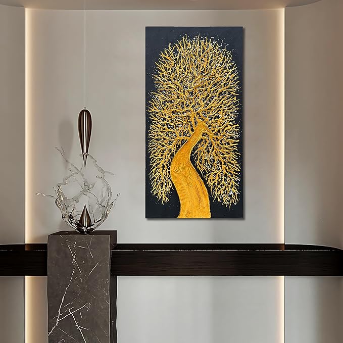 Art Hand-Painted Black and Gold Tree Texture Abstract Oil Painting 48x24-inch Vertical Canvas Painting for Home and Office Wall Decoration Art