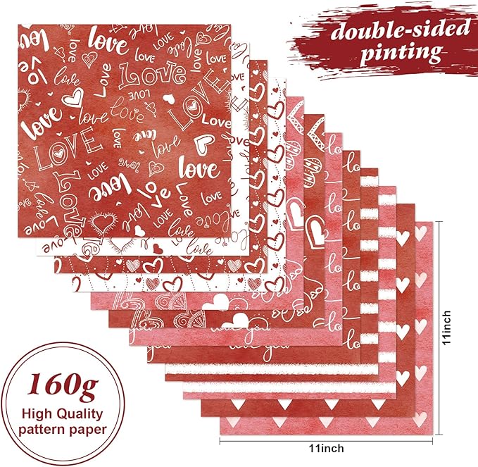Valentines Pattern Paper Double Sided Valentine Decorative Scrapbook Craft Paper,Love Heart Red Black Cardstock for Valentines Craft Supplies Card Making Scrapbook(12 Design,24 Sheet,11 x 11 Inch)