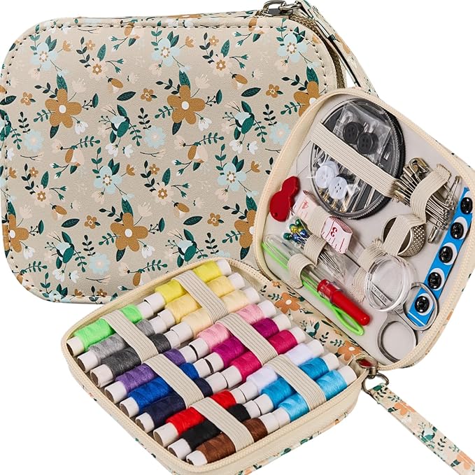 Arts Craft Sewing Kits Printing Sewing Kit Floral Pattern Sewing Set Professional Travel Sewing Supplies with 18 Colors Sewing Thread, Basic Sewing Accessory for Emergency, Home