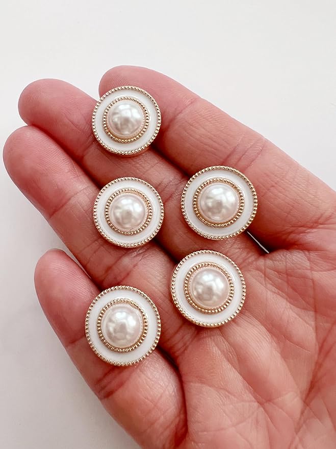 PEPPERLONELY 10PC Faux Pearl Metal Buttons for Clothing, Jeans, Crafts, Pants, Blazer, Sewing, Jacket, Jewlery Making (Gold/White, 15mm)