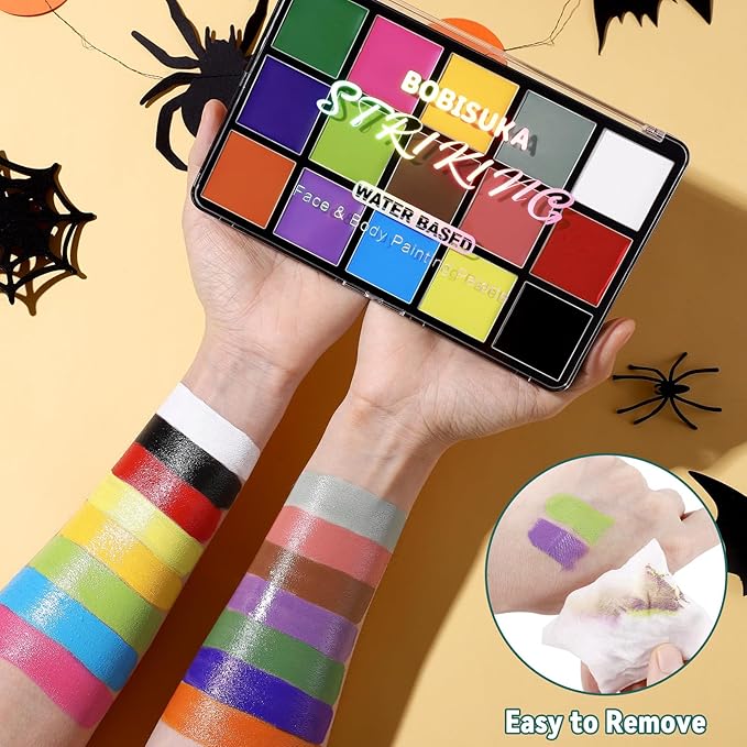 BOBISUKA Face Body Paint Palette + 10PCS Brushes Set, 15 Color Professional Face Painting Pallet Kit for Art Theater Halloween Party Cosplay Clown Sfx Makeup for Women Adults, Non-Toxic Washable